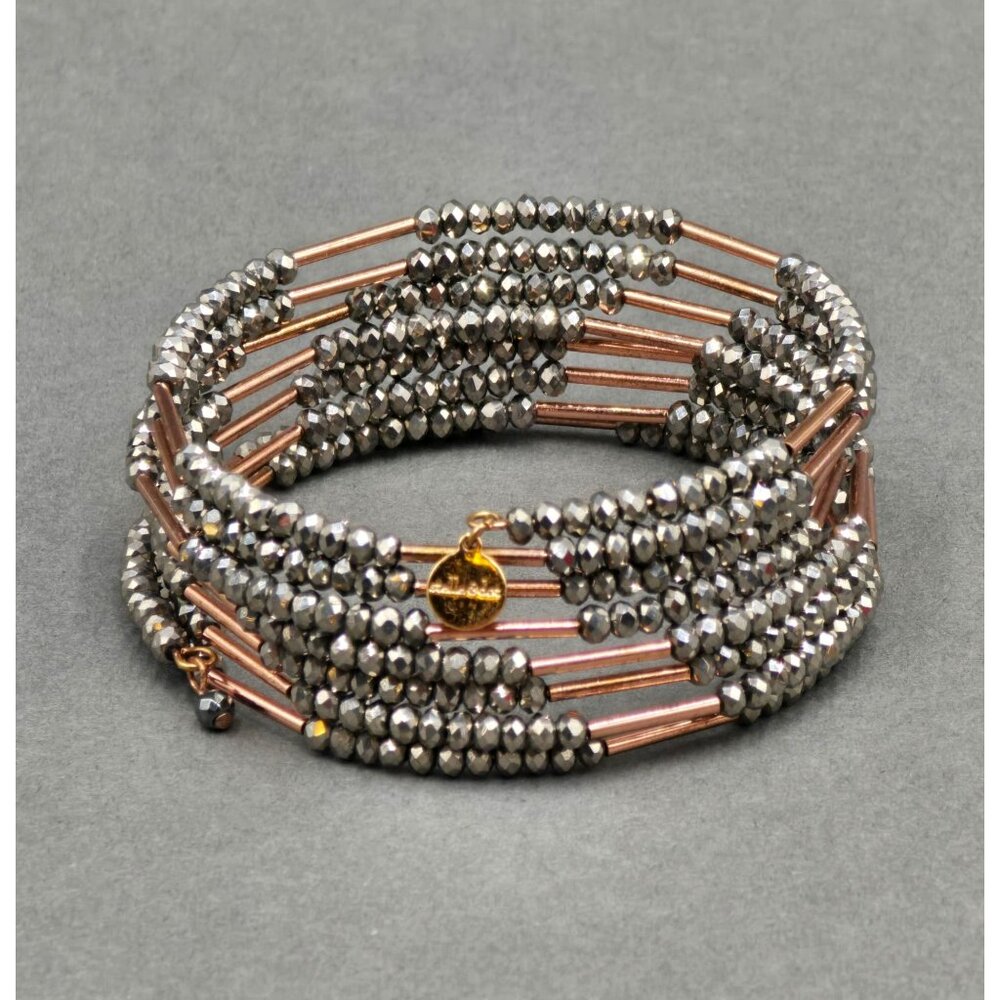 Stella & Dot Bardot Spiral Coil Bracelet Hematite Beads Rose Gold Tone 7" - Picture 2 of 6